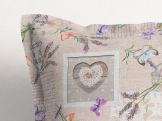 Poszewka na poduszkę z ozdobną kantą dekoracyjna Loneta - serca z motylami i lawendą na naturalnym