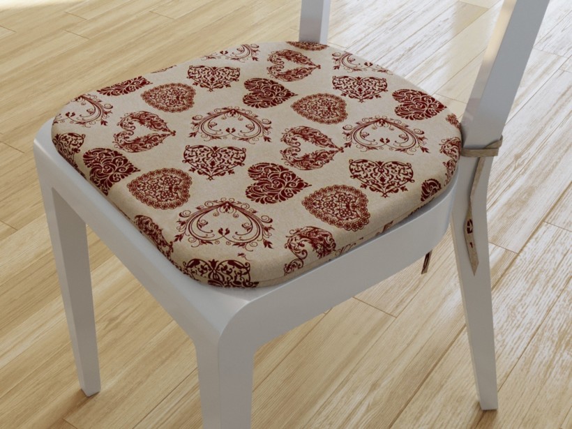 Zaokrąglona poduszka na krzesło 39x37 cm Loneta - czerwone serca na naturalnym