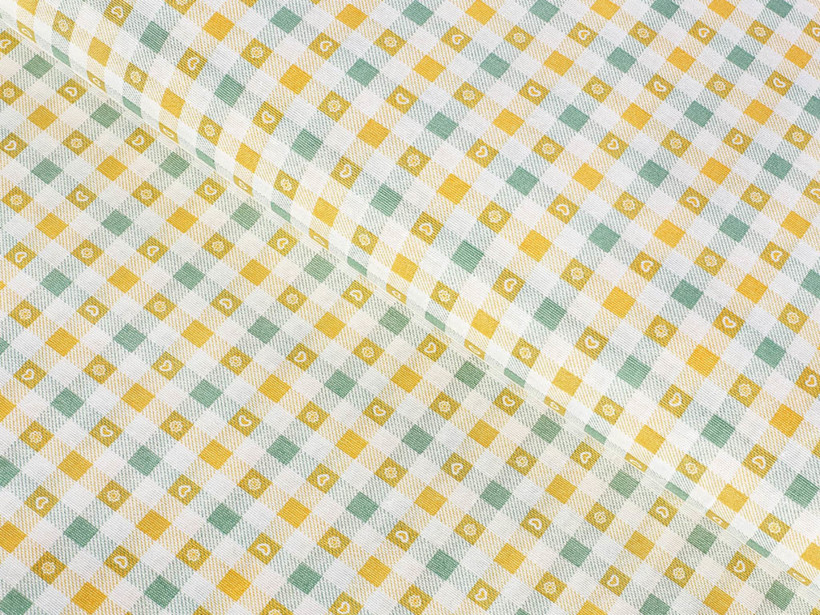 Tkanina dekoracyjna Loneta - żółta i zielona kratka z serduszkami