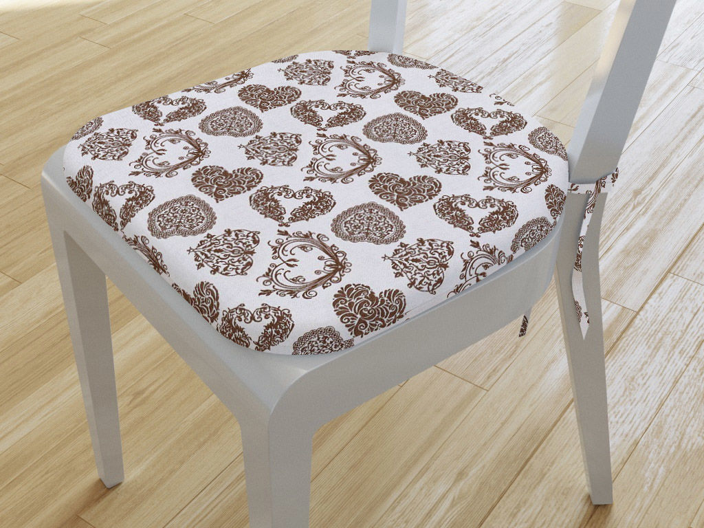Zaokrąglona poduszka na krzesło 39x37 cm - ciemnobrązowe serca na naturalnym