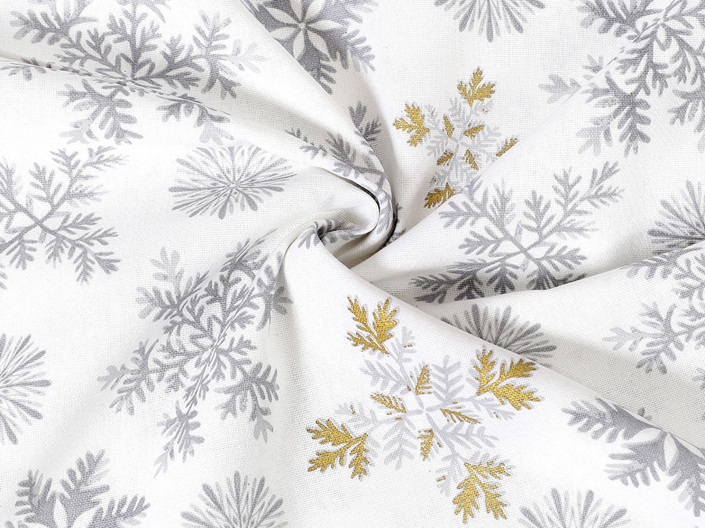 Mocna tkanina bawełniana świąteczna 220 g/m2 - szare płatki śniegu ze złotym brokatem na białym