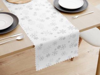 Bieżnik na stół plamoodporny świąteczny - srebrne płatki śniegu na białym