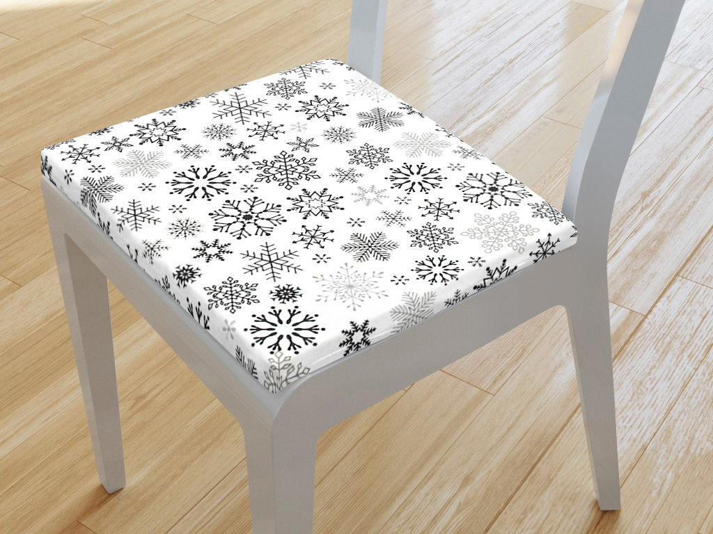Kwadratowa poduszka na krzesło 38x38 cm świąteczna - czarne płatki śniegu na białym