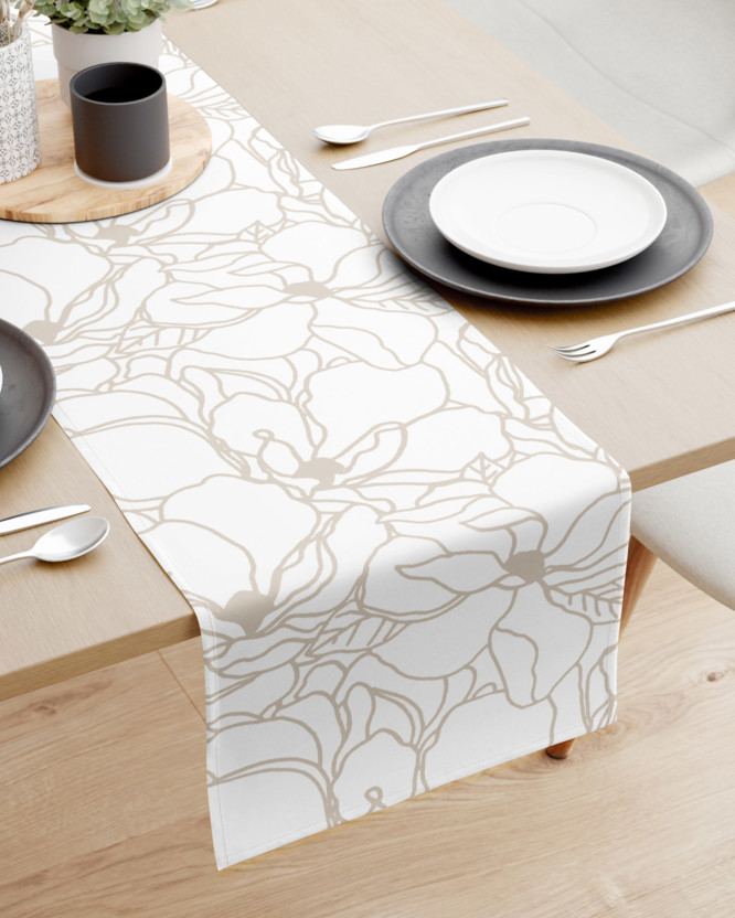 Bieżnik na stół z płótna bawełnianego - jasnobeżowe kwiaty na białym