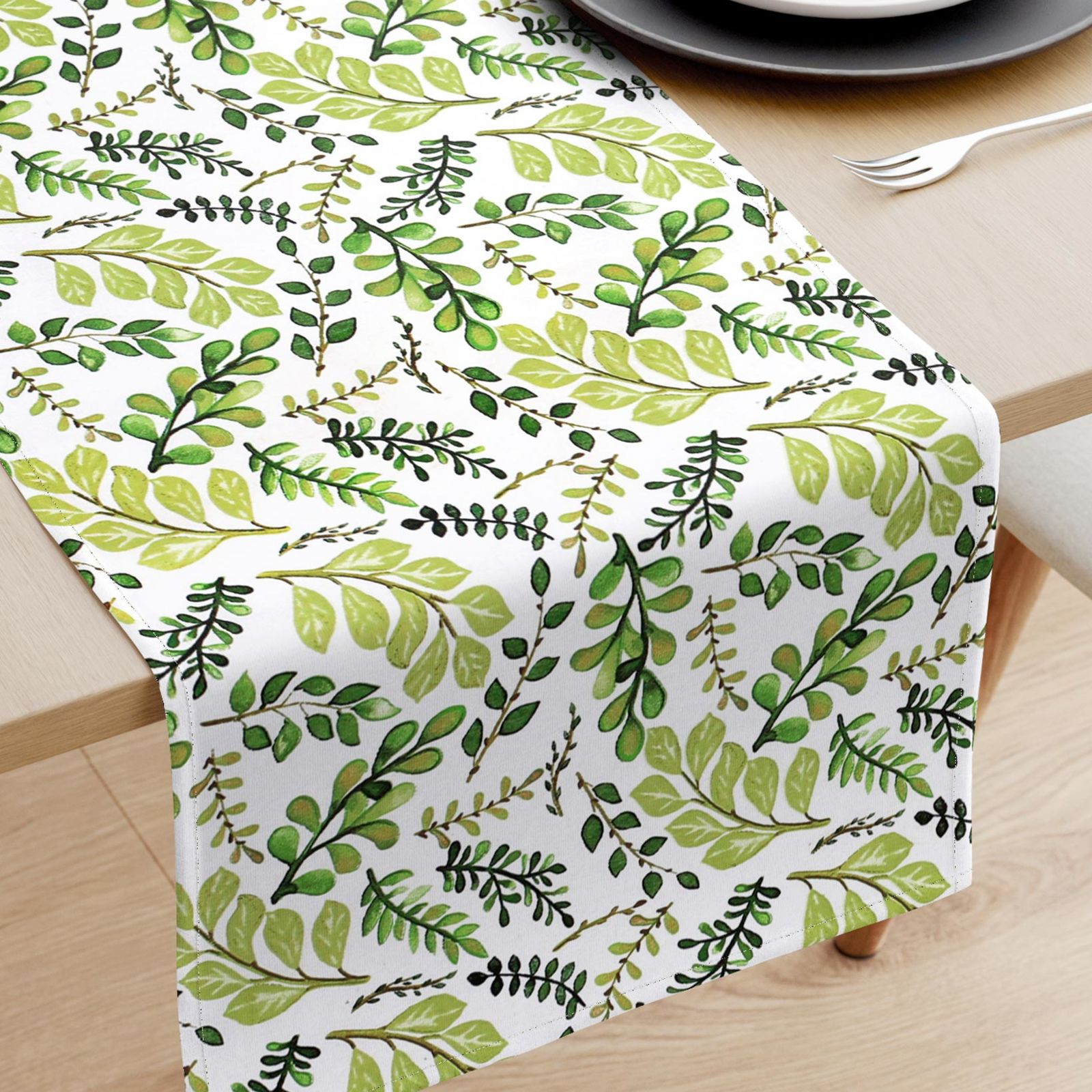 Bieżnik na stół z płótna bawełnianego - zielone liście