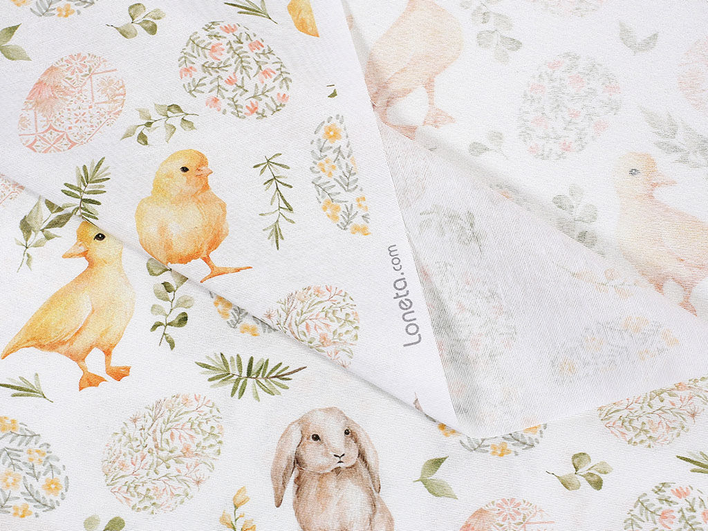 Tkanina dekoracyjna wielkanocna Loneta - kurczęta i króliczki