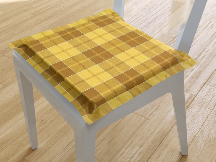 Kwadratowa poduszka na krzesło z ozdobną kantą 38x38 cm Kanafas - kratka oliwkowo-brązowa