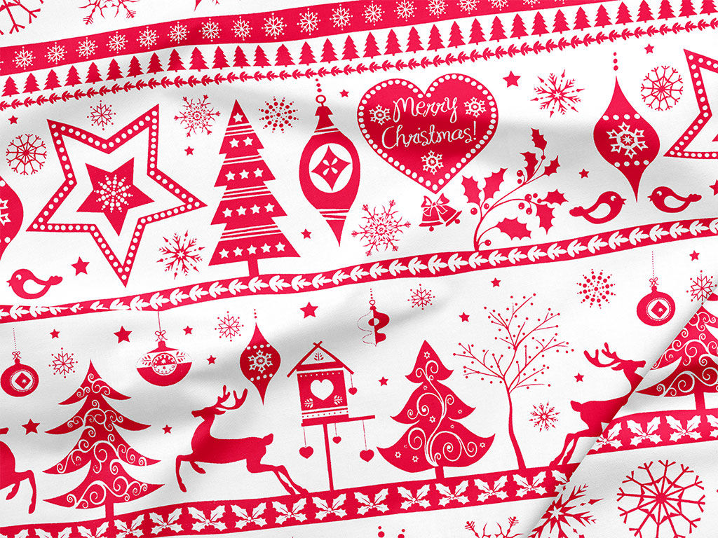 Płótno bawełniane - czerwone symbole świąteczne na białym