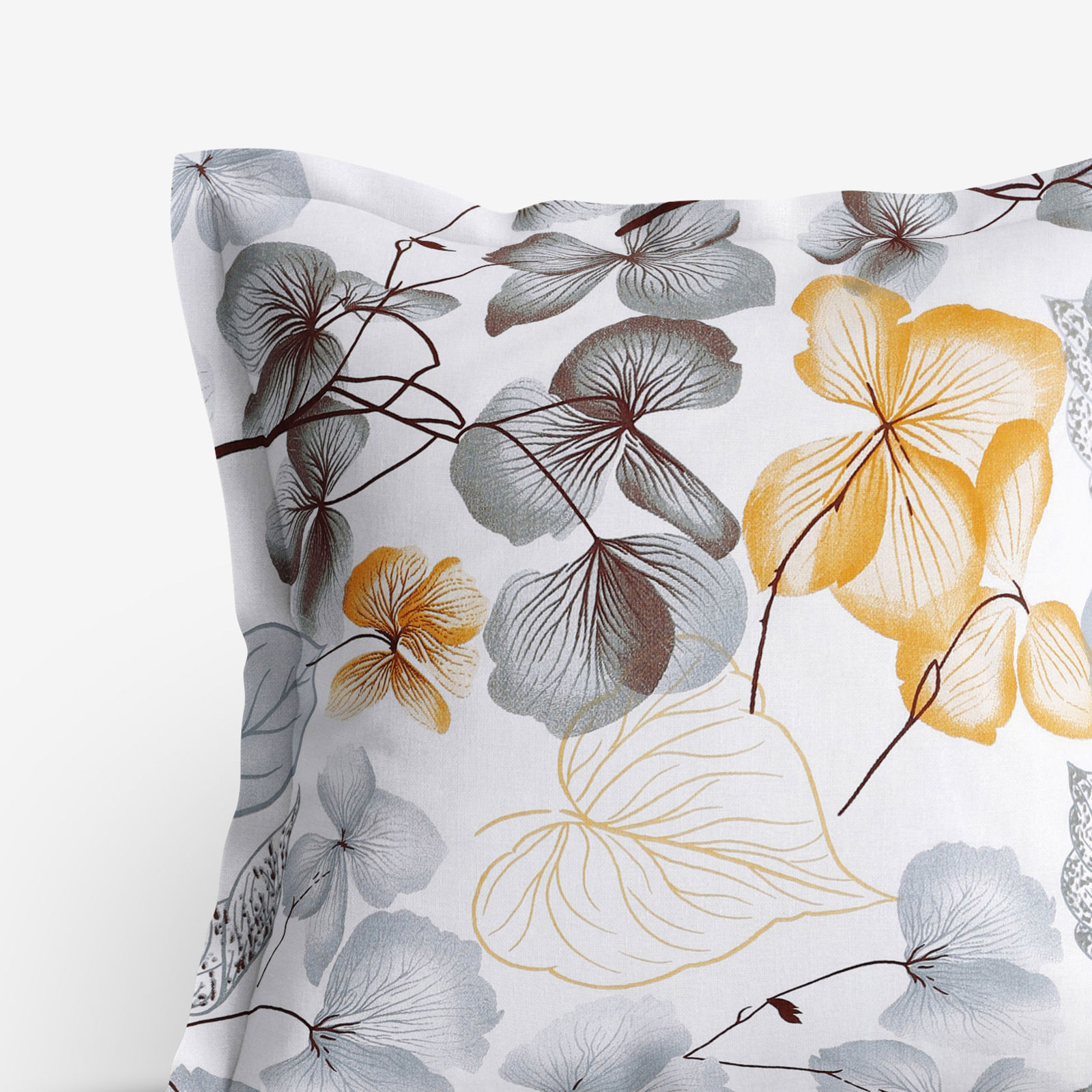 Poszewka na poduszkę z ozdobną kantą bawełniana - szare i brązowe kwiaty z liśćmi