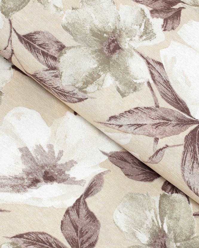 Tkanina dekoracyjna Loneta - białe i brązowe kwiaty z liśćmi