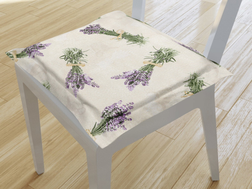 Kwadratowa poduszka na krzesło z ozdobną kantą 38x38 cm Verona - bukiet lawendy na beżowym