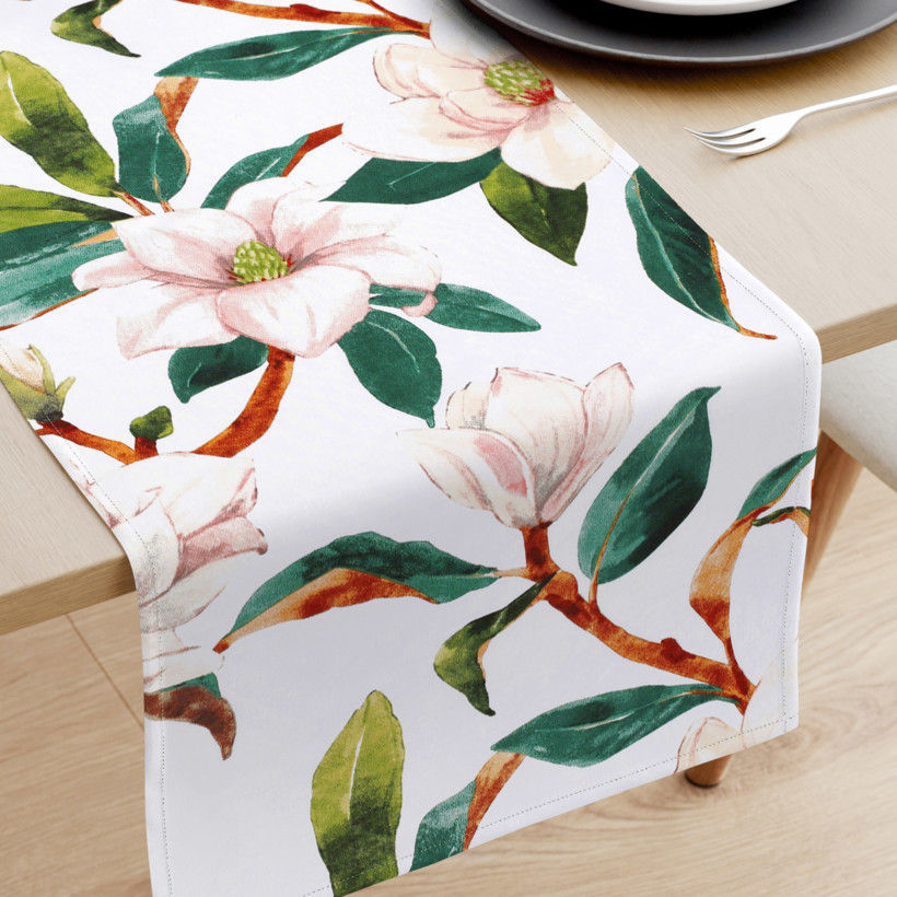 Bieżnik na stół z płótna bawełnianego - magnolie i zielone liście