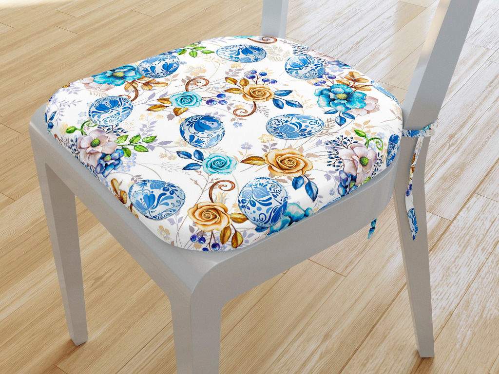 Zaokrąglona poduszka na krzesło 39x37 cm Loneta wielkanocna - malowane niebieskie pisanki