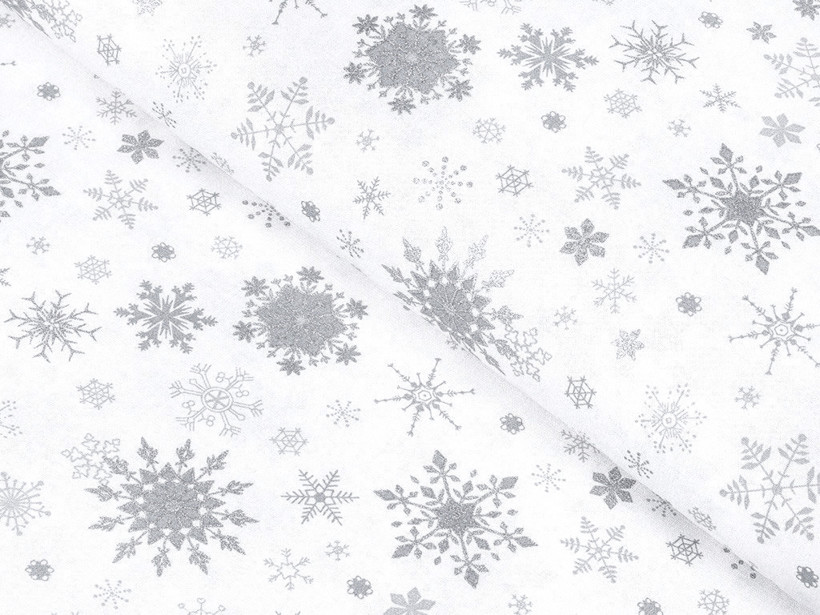 Płótno bawełniane świąteczne - srebrne śnieżynki na białym