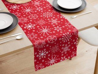 Bieżnik na stół bawełniany świąteczny - płatki śniegu na czerwonym