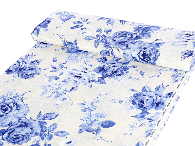Tkanina dekoracyjna Loneta - duże niebieskie róże