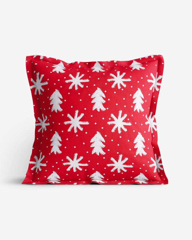 Poszewka na poduszkę z ozdobną kantą bawełniana świąteczna - śnieżynki i choinki na czerwonym