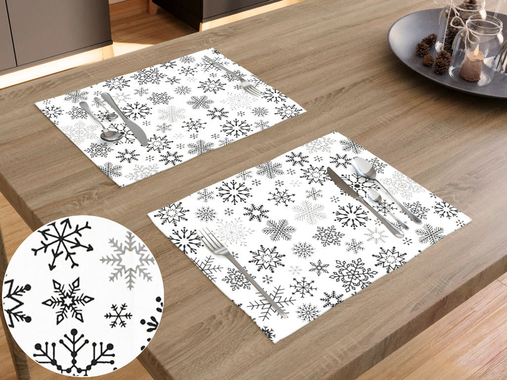 Podkładka na stół bawełniana świąteczna - czarne płatki śniegu na białym - 2szt.