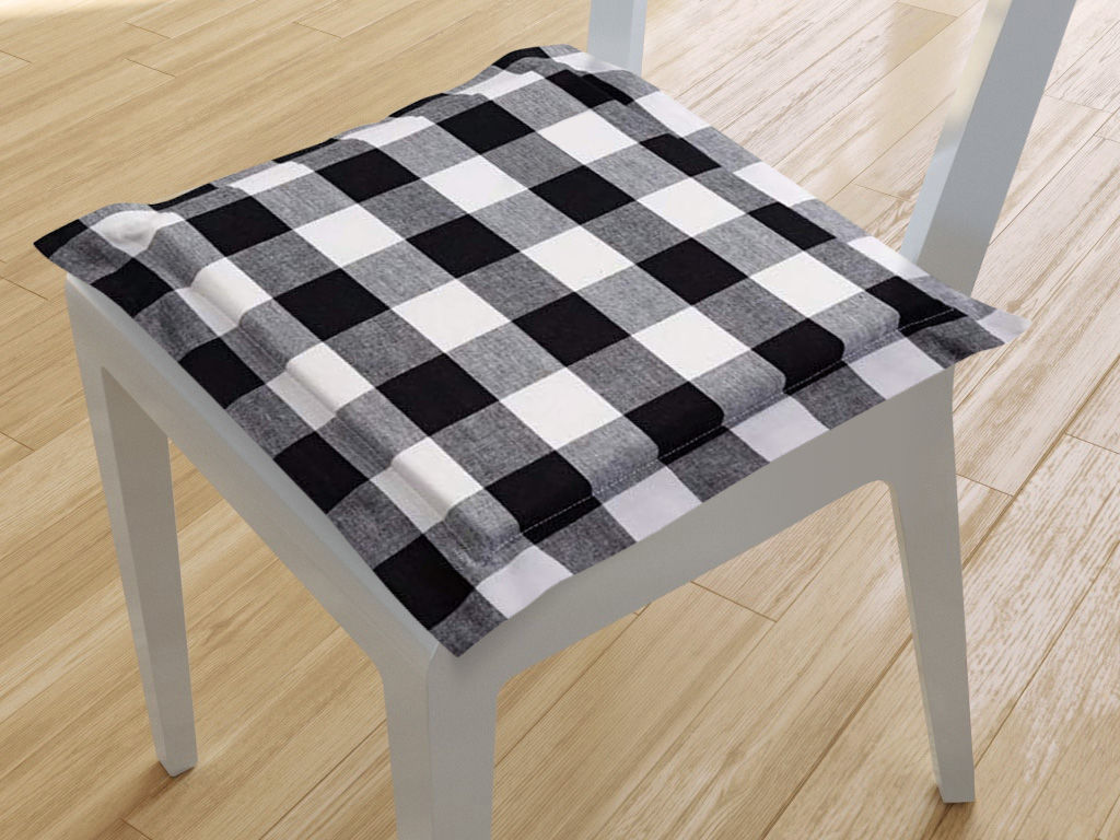 Kwadratowa poduszka na krzesło z ozdobną kantą 38x38 cm Kanafas - duża czarno-biała kratka