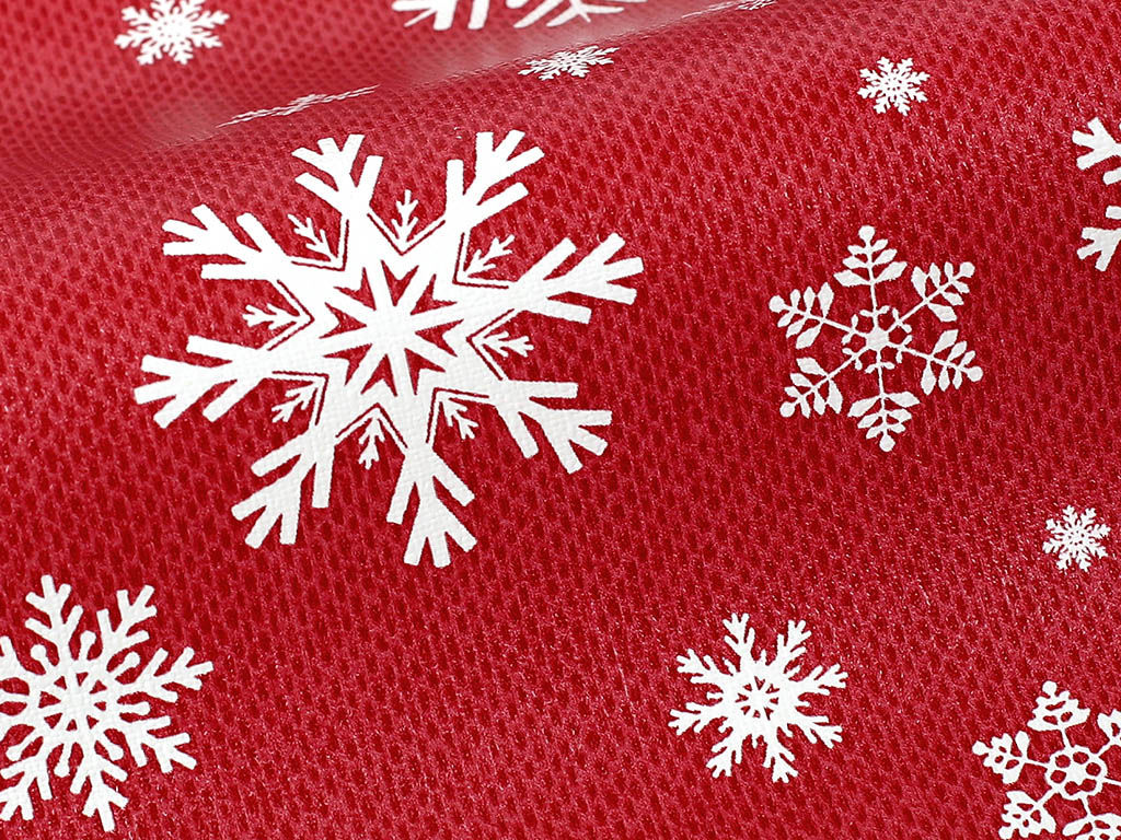 Cerata na stół na metry - świąteczny wzór śnieżynek na czerwonym