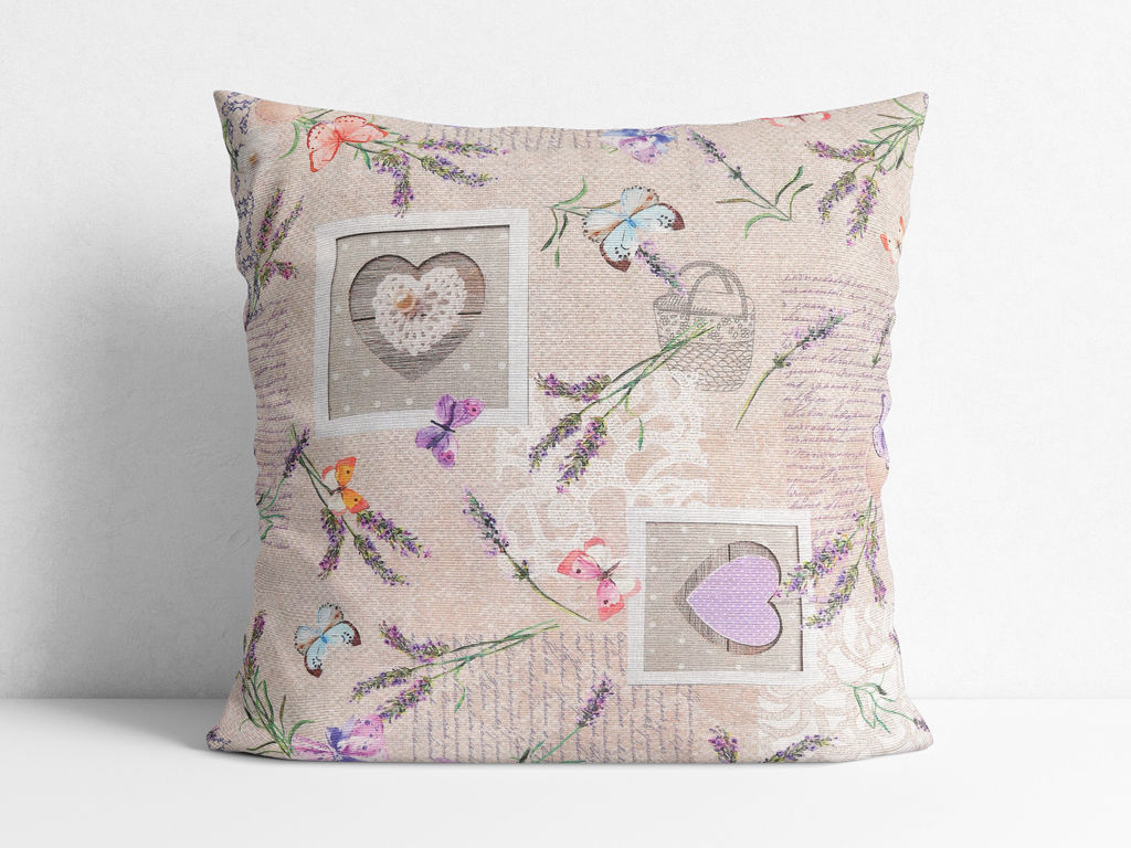 Poszewka na poduszkę dekoracyjna Loneta - serca z motylami i lawendą na naturalnym