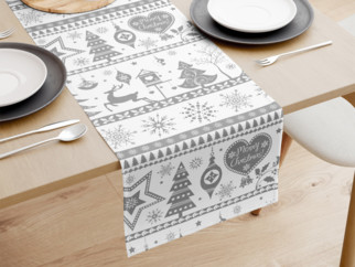 Bieżnik na stół bawełniany świąteczny - symbole świąteczne na białym