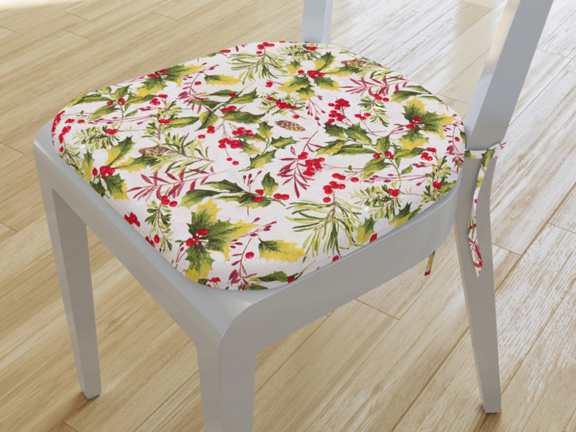 Zaokrąglona poduszka na krzesło 39x37 cm Loneta - czerwone owoce i ozdobne liście