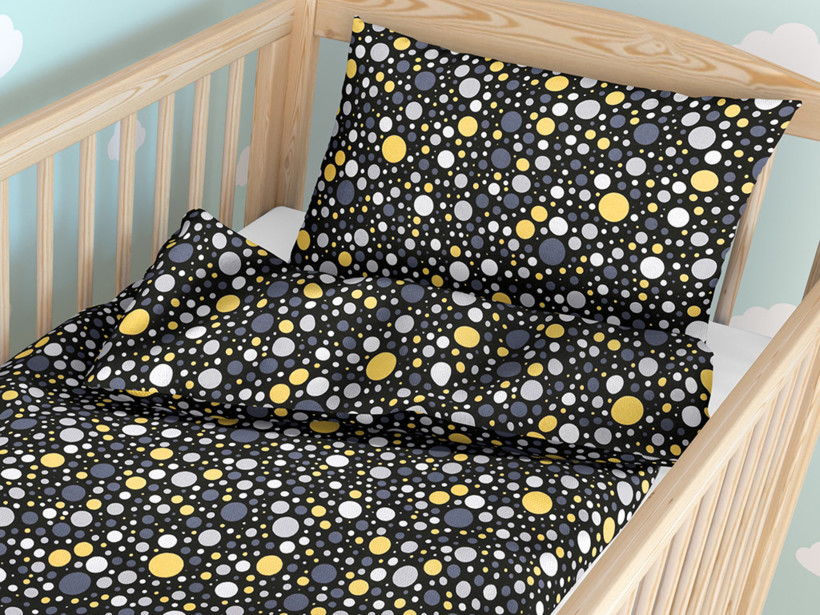 Pościel bawełniana do łóżeczka - kolorowe kropki i kółka na czarnym
