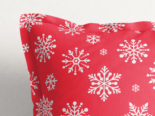 Poszewka na poduszkę z ozdobną kantą bawełniana świąteczna - płatki śniegu na jaskrawej czerwieni