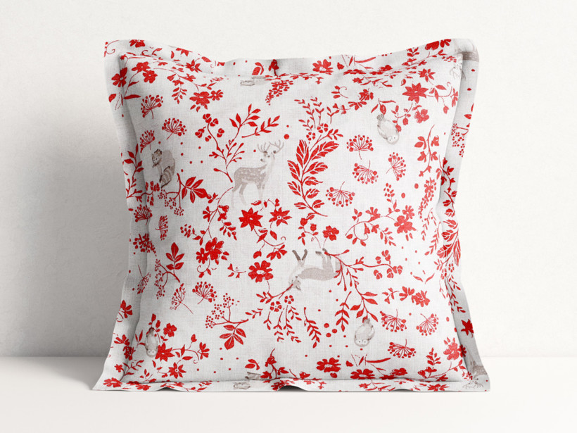 Poszewka na poduszkę z ozdobną kantą dekoracyjna Loneta - czerwone polne kwiaty ze zwierzętami
