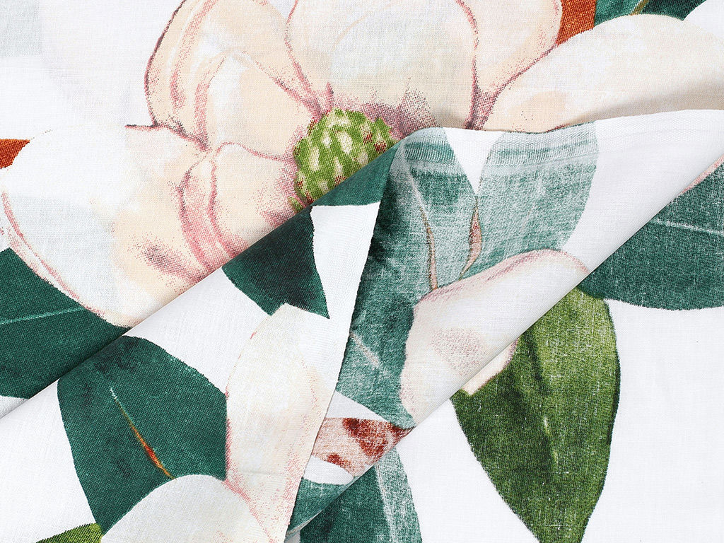 Płótno bawełniane - magnolie i zielone liście
