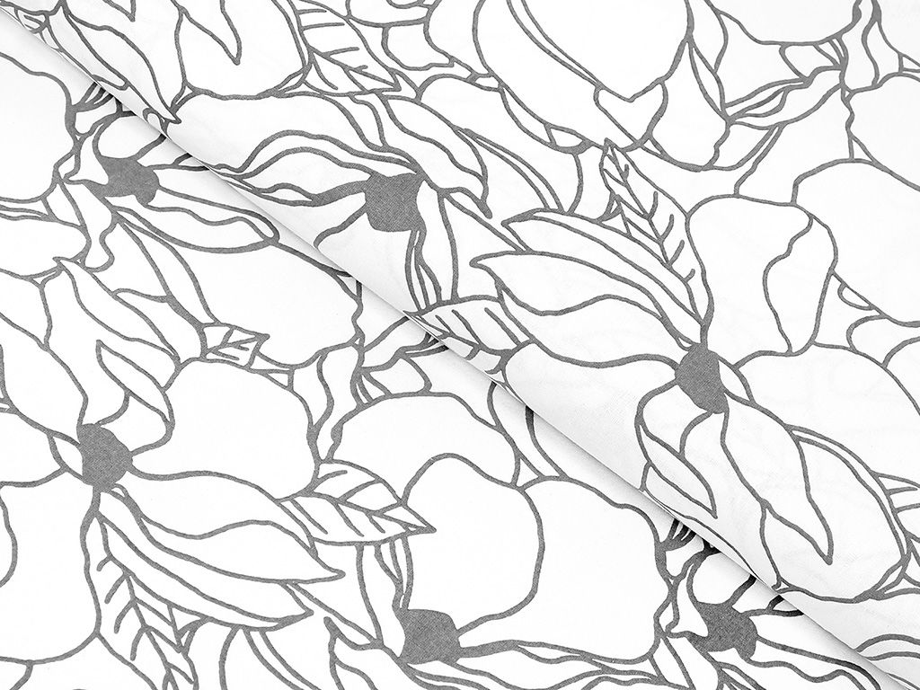 Płótno bawełniane - ciemnoszare kwiaty na białym
