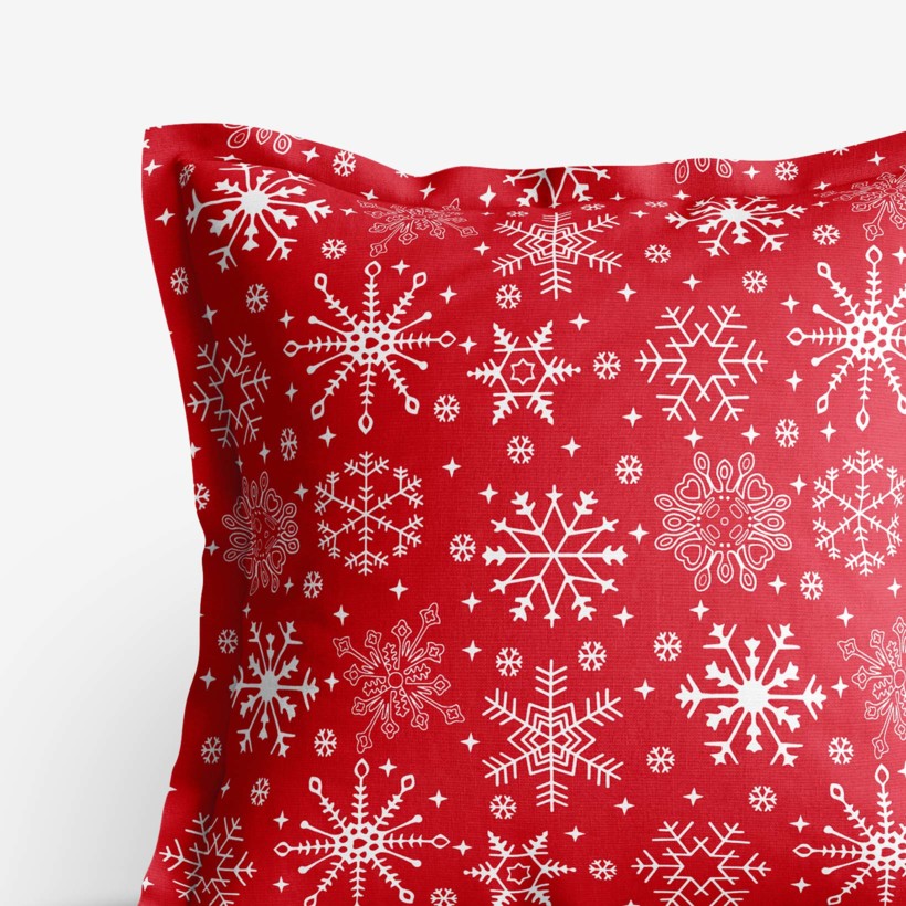 Poszewka na poduszkę z ozdobną kantą bawełniana - płatki śniegu na czerwonym