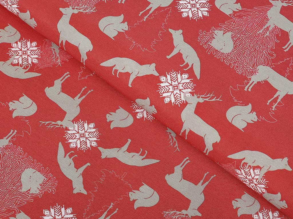 Tkanina dekoracyjna świąteczna Loneta - zwierzęta leśne na czerwonym