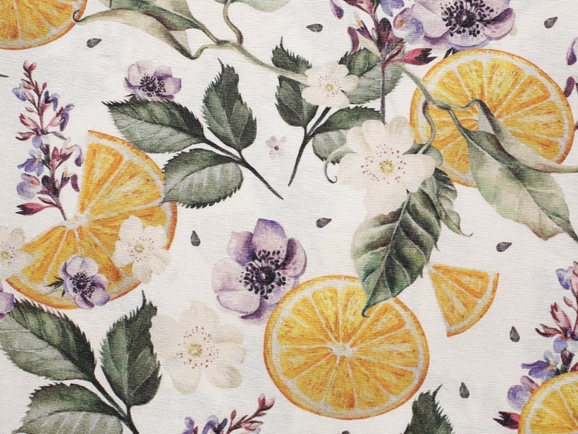 Tkanina dekoracyjna Loneta - pomarańcze i kwiaty