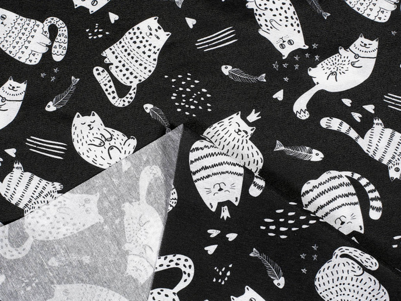 Tkanina dekoracyjna Loneta - Katter Max koty na czarnym