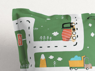 Poszewka na poduszkę z ozdobną kantą bawełniana dla dzieci - auta w mieście na zielonym