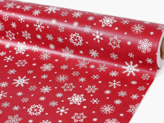 Cerata na stół na metry - świąteczny wzór śnieżynek na czerwonym - szer. 140 cm
