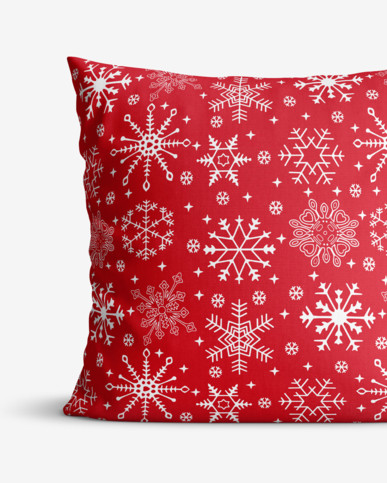 Poszewka na poduszkę bawełniana świąteczna - płatki śniegu na czerwonym