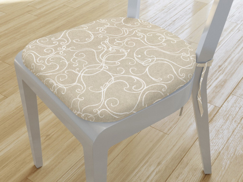 Zaokrąglona poduszka na krzesło 39x37 cm Loneta - białe ornamenty na naturalnym