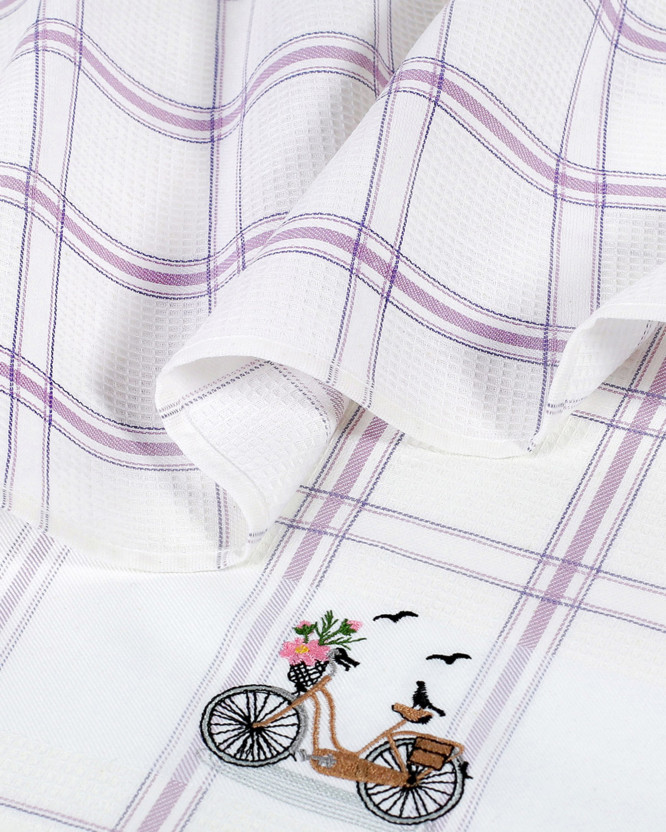 Ścierka kuchenna gofrowana - rower retro na fioletowej kratce