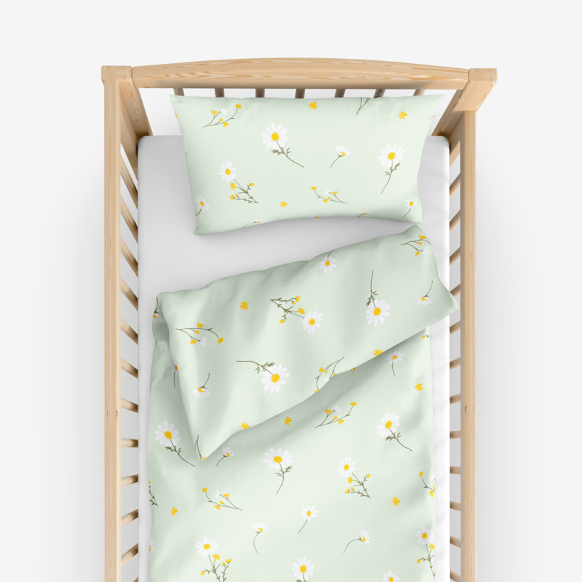 Pościel bawełniana do łóżeczka - rumianek na jasnozielonym