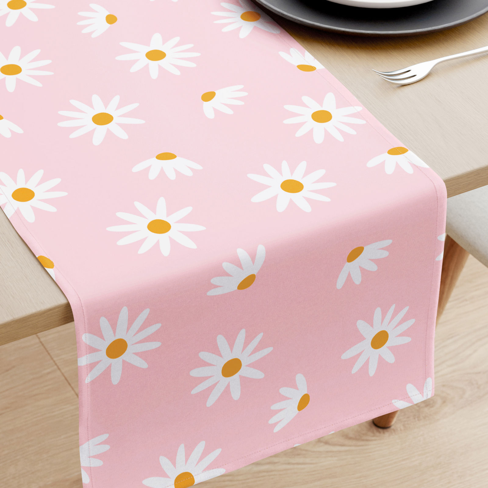 Bieżnik na stół z płótna bawełnianego - kwiaty margaretki