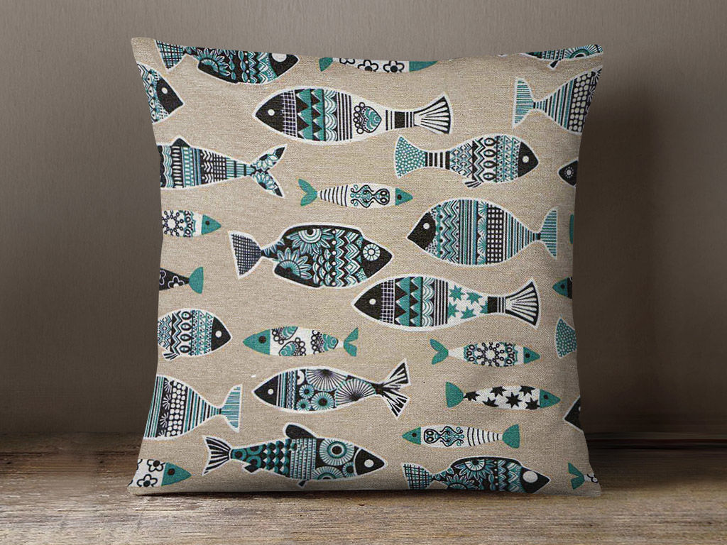 Poszewka na poduszkę dekoracyjna Loneta - rybki na naturalnym