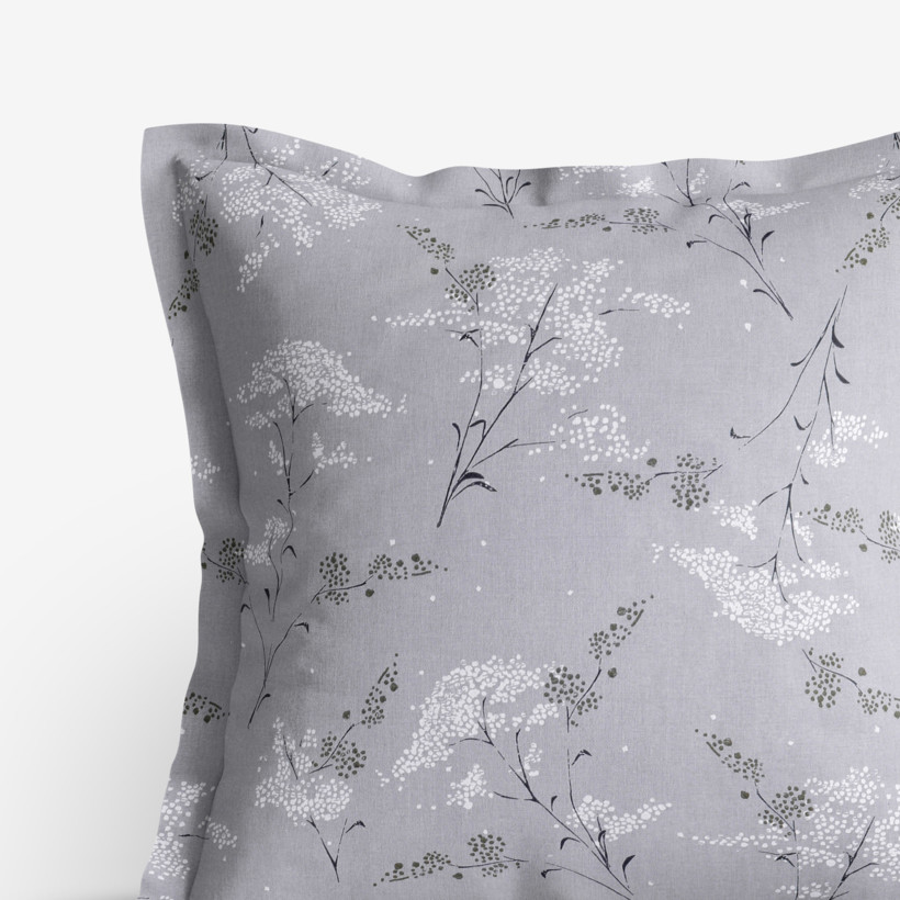 Poszewka na poduszkę z ozdobną kantą bawełniana - kwiaty japońskie na szarym