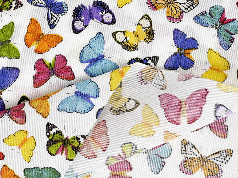 Tkanina dekoracyjna Verona - kolorowe motylki na białym