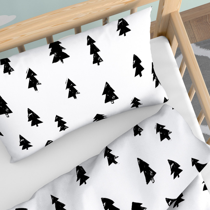 Pościel bawełniana świąteczna do łóżeczka - czarne choinki na białym