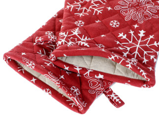 Rękawica kuchenna bawełniana świąteczna - płatki śniegu na czerwonym - 2 sztuki