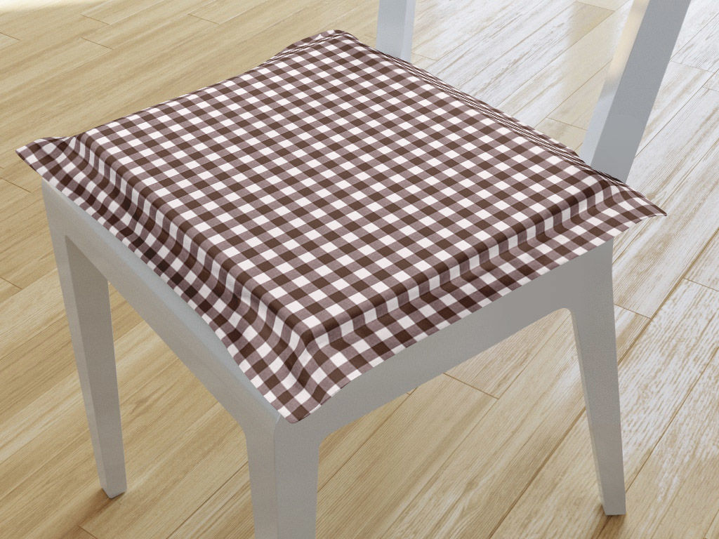 Kwadratowa poduszka na krzesło z ozdobną kantą 38x38 cm - brązowo-biała kratka