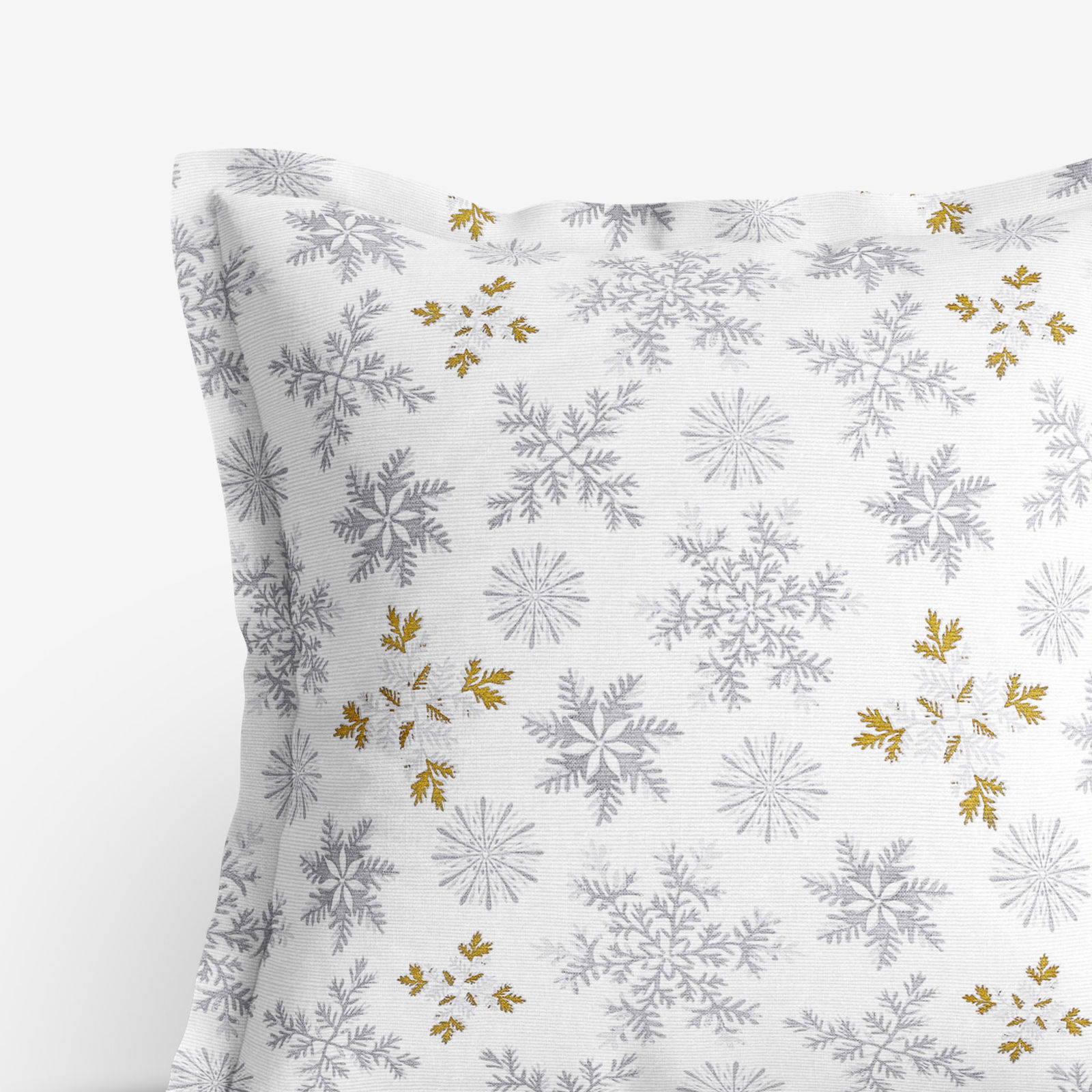 Poszewka na poduszkę z ozdobną kantą bawełniana świąteczna - szare płatki śniegu ze złotym brokatem na białym